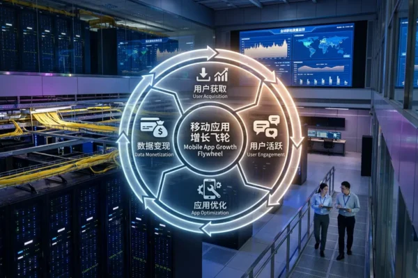 移动应用增长飞轮图，标注用户获取、用户参与度、应用优化和数据变现